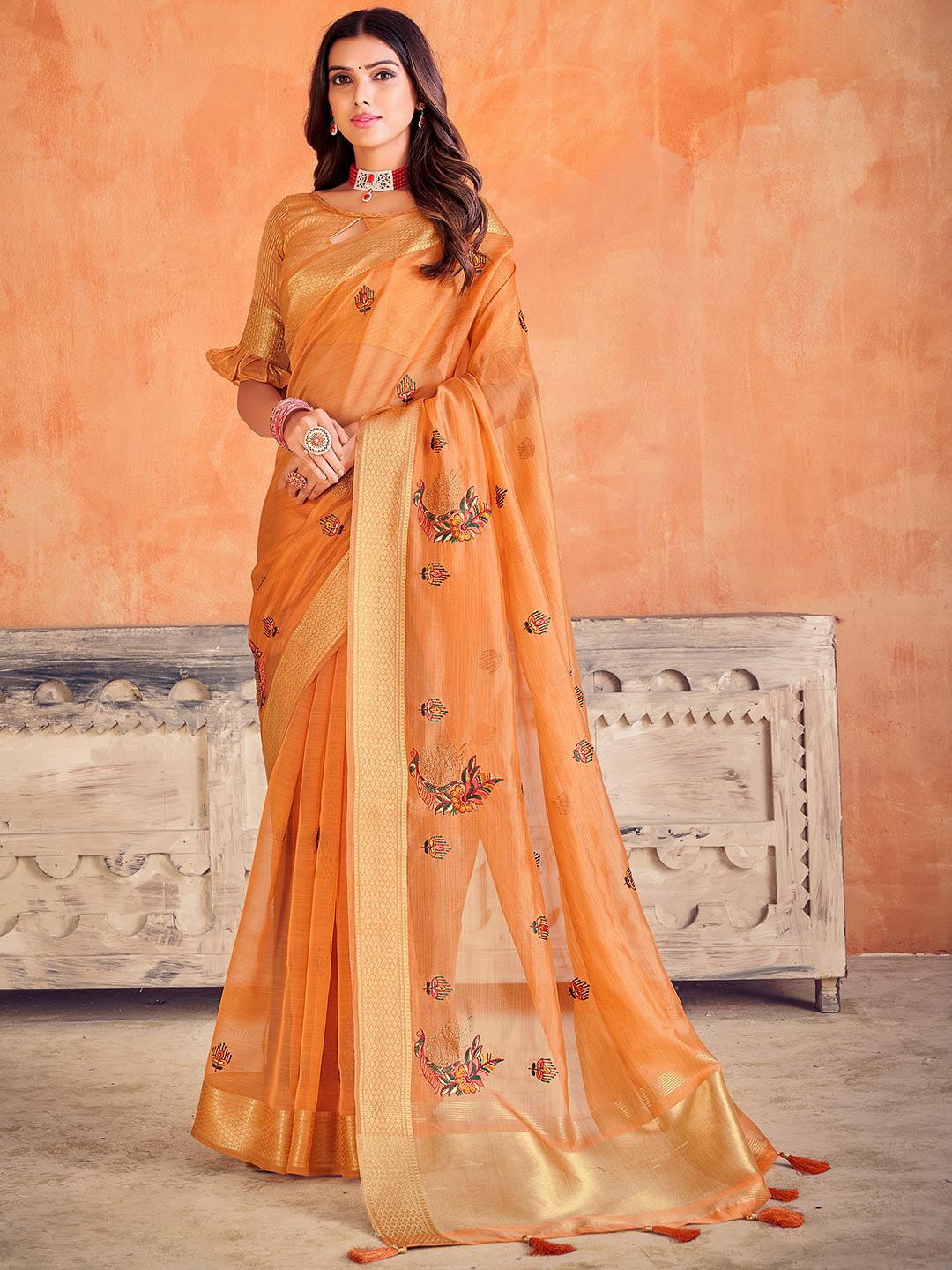 

KARAGIRI Ethnic Motifs Zari Organza Saree, Orange