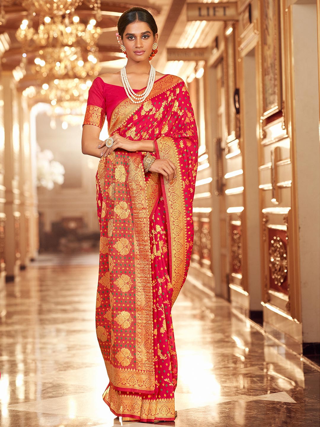 

KARAGIRI Woven Design Zari Silk Blend Leheriya Saree, Red