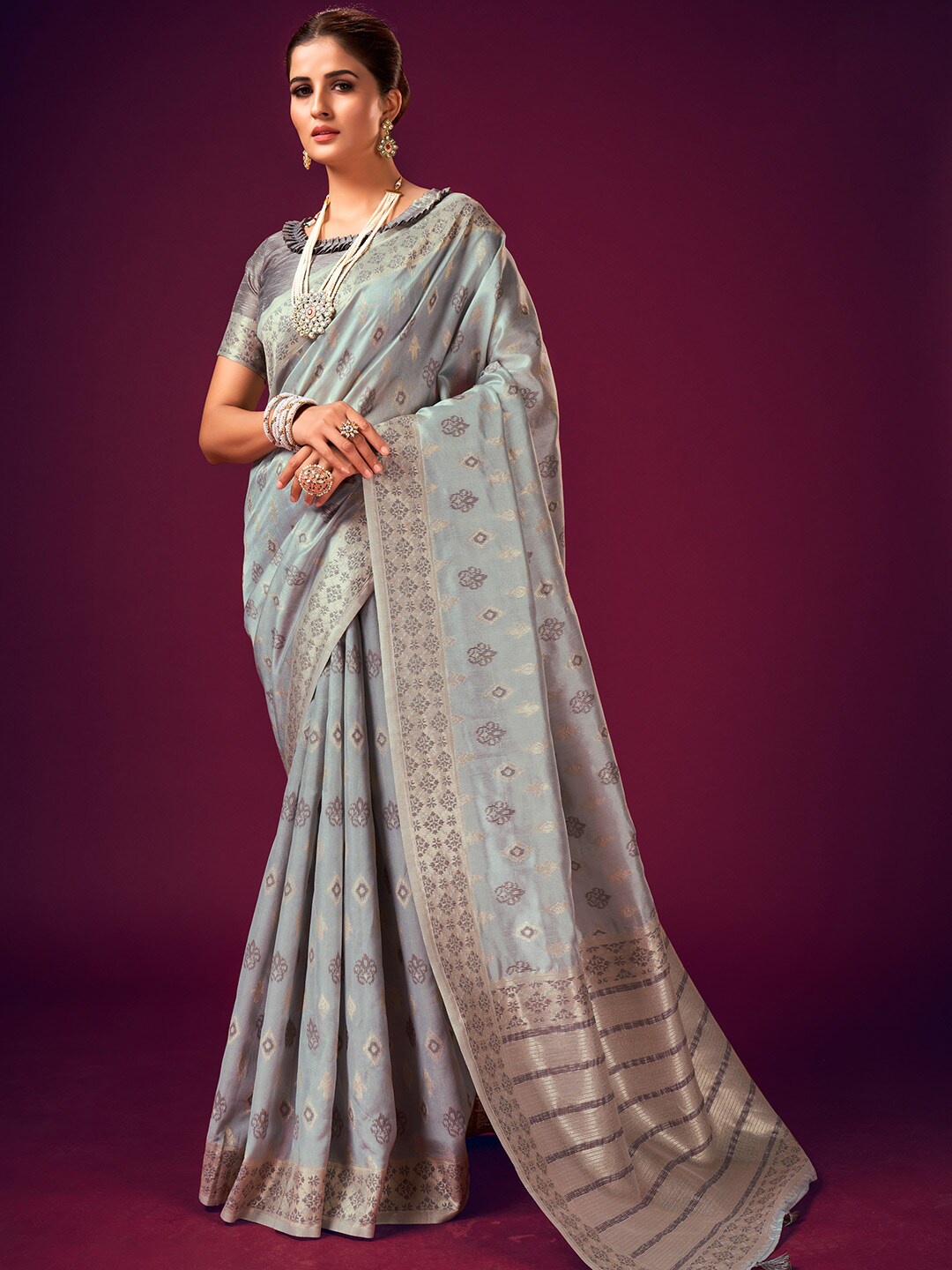 

KARAGIRI Ethnic Motifs Woven Design Zari Cotton Blend Saree, Grey