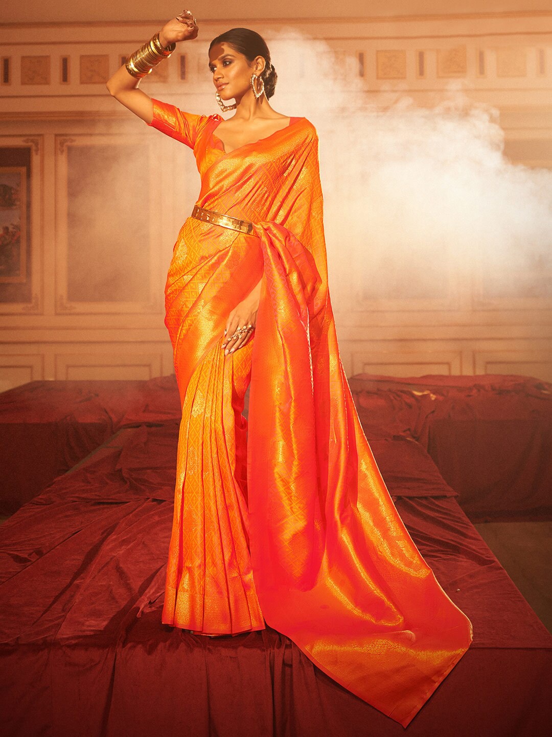 

KARAGIRI Woven Design Zari Silk Blend Saree, Orange