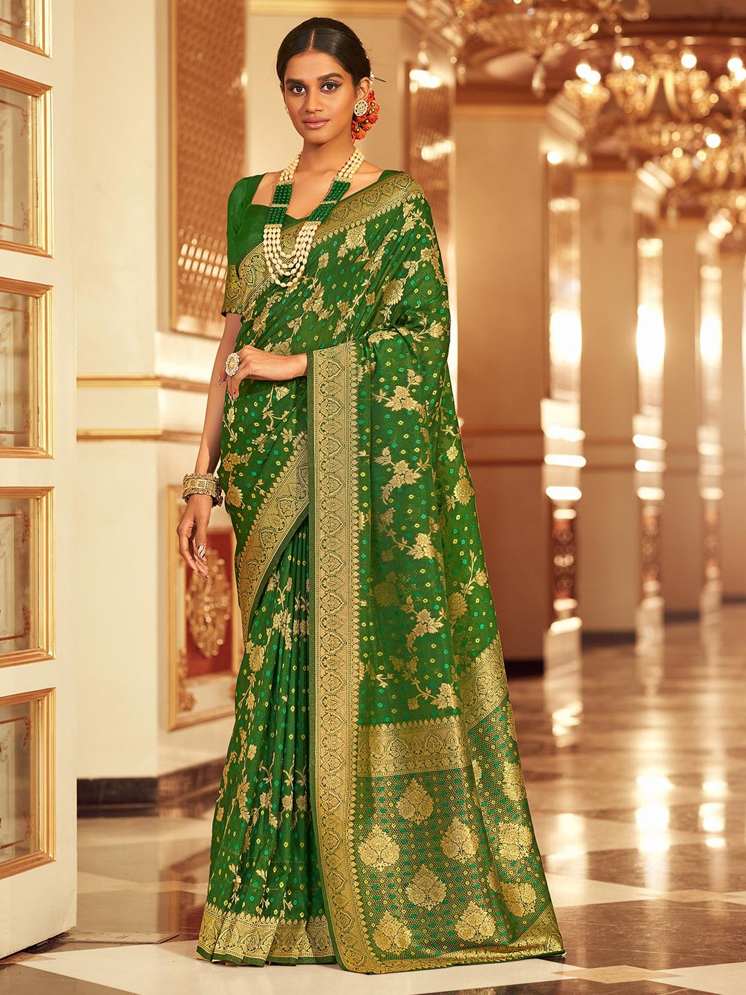 

KARAGIRI Woven Design Zari Silk Blend Leheriya Saree, Green