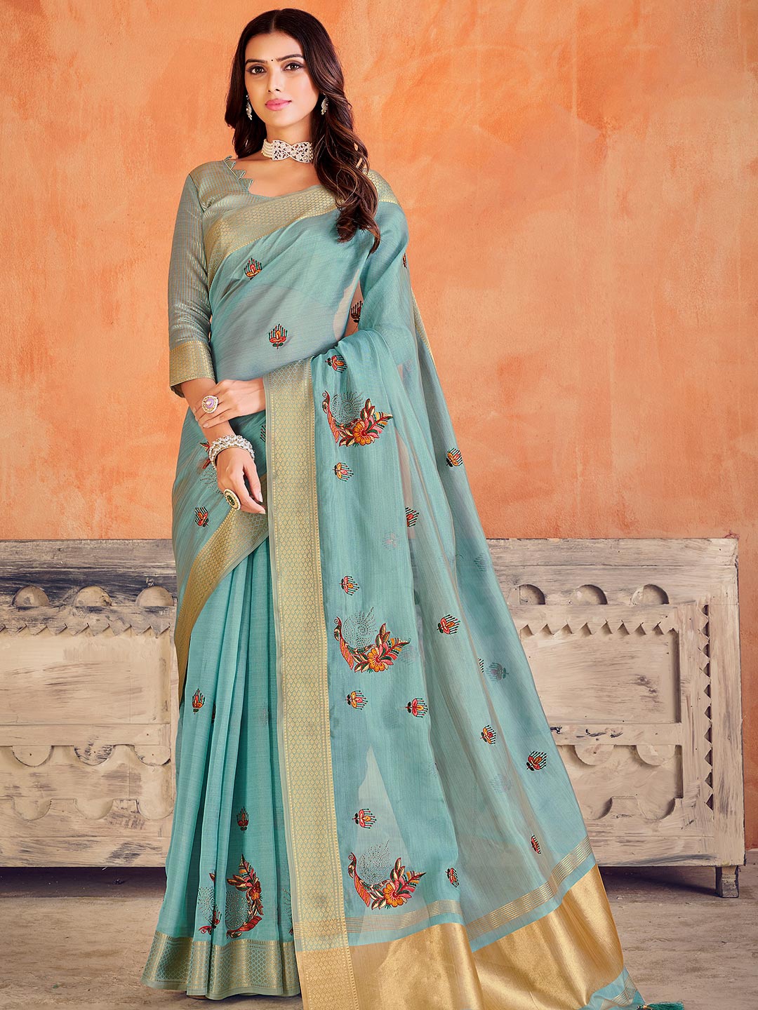

KARAGIRI Floral Zari Organza Saree, Blue