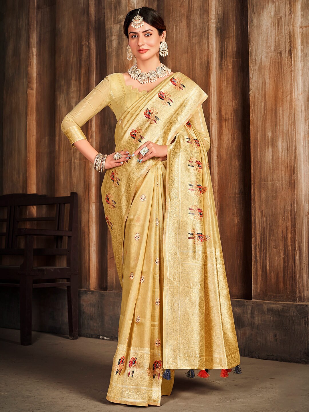 

KARAGIRI Ethnic Motif Woven Design Zari Saree, Yellow