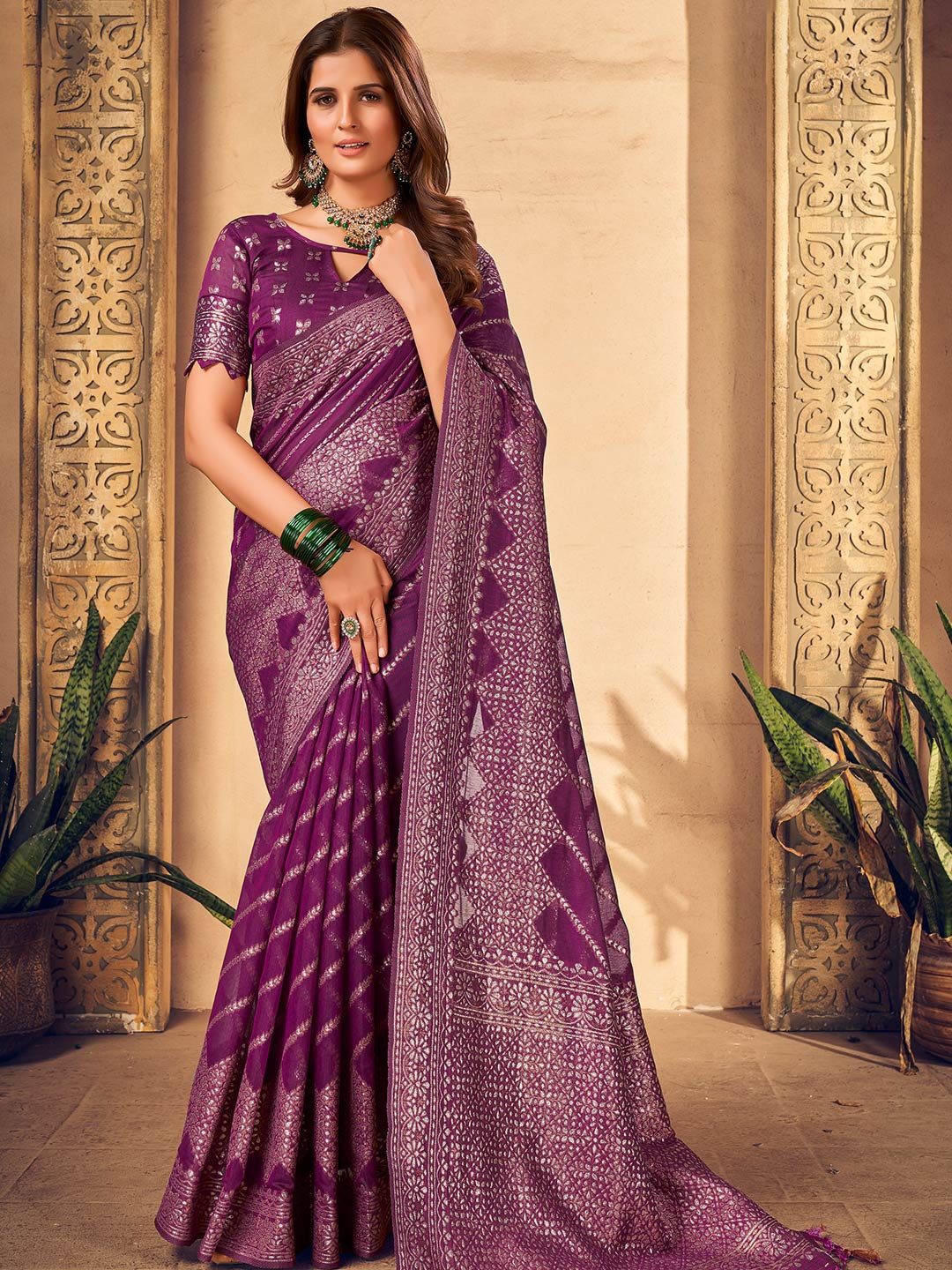 

KARAGIRI Ethnic Motifs Woven Design Zari Cotton Blend Saree, Violet