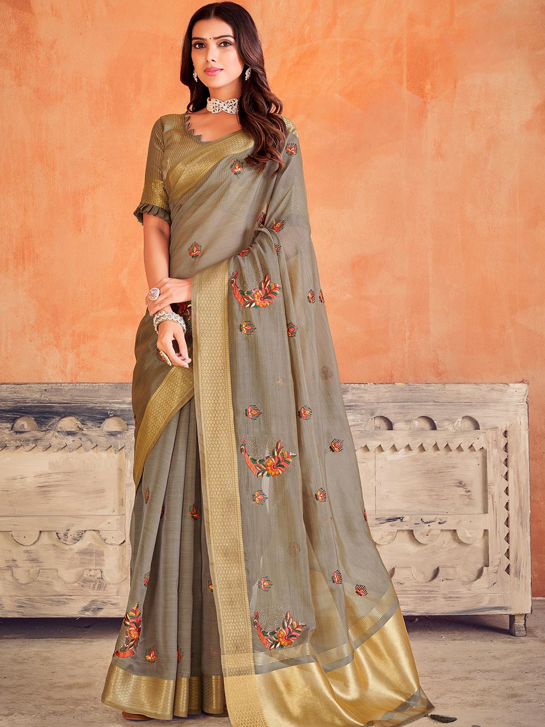 

KARAGIRI Ethnic Motifs Embroidered Organza Saree, Grey