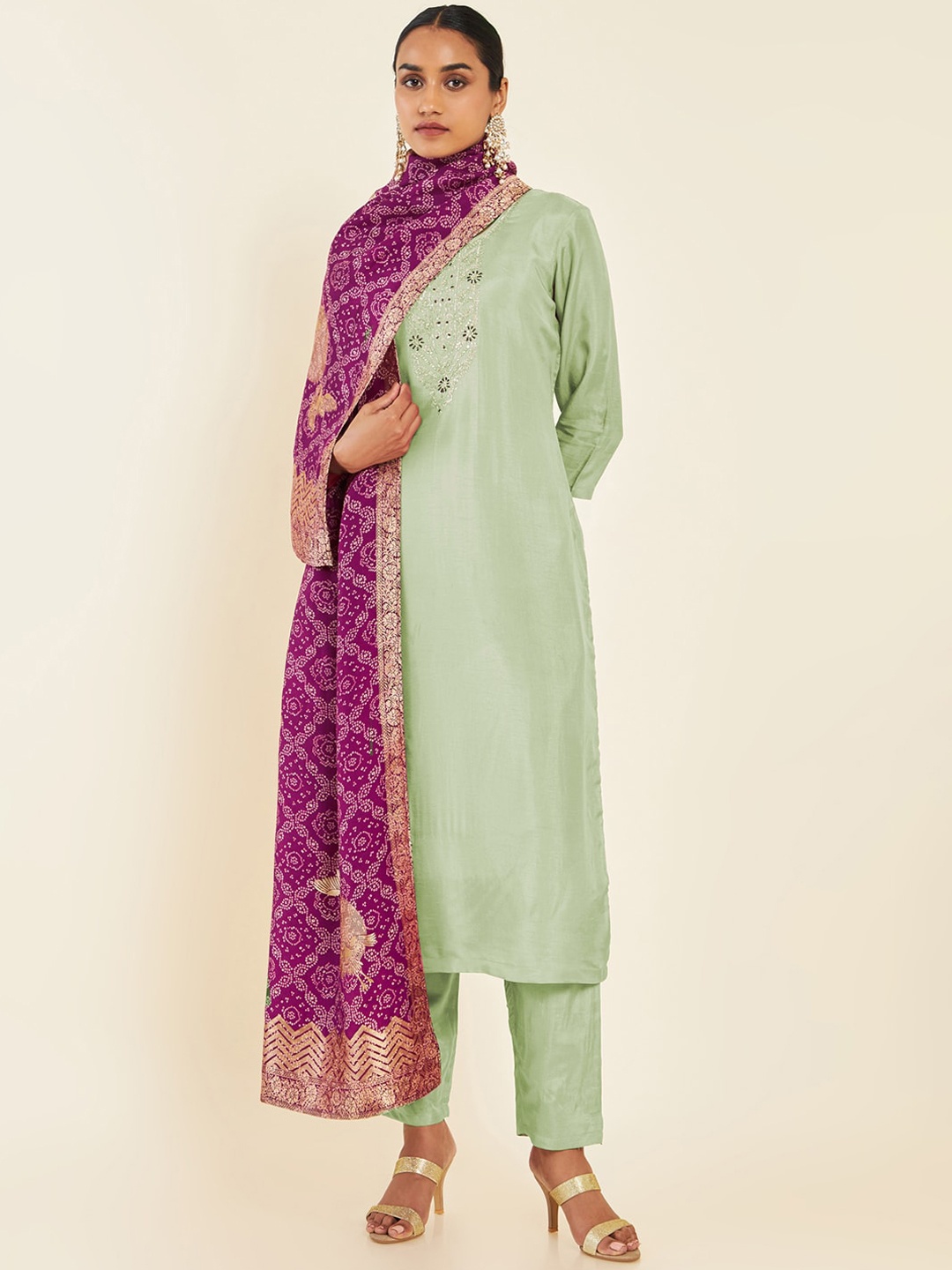 

Soch Floral Embroidered Yoke Design Kurta With Trousers & Dupatta, Green