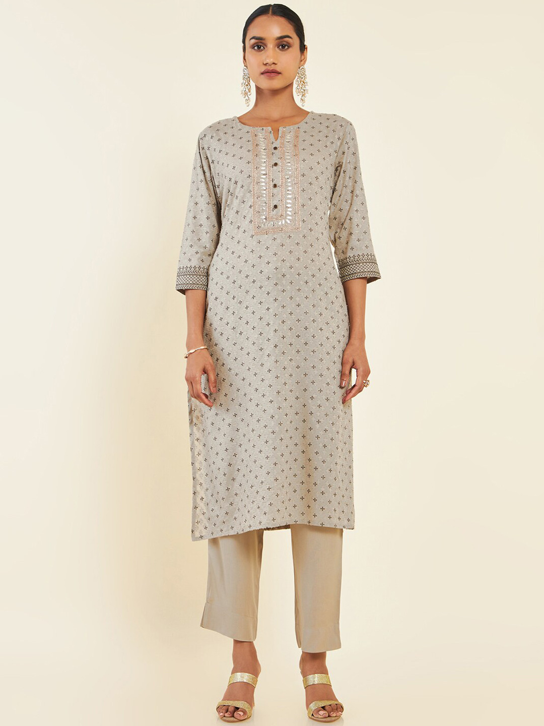 

Soch Grey & Brown Printed Pure Cotton Kurta With Trousers & Dupatta