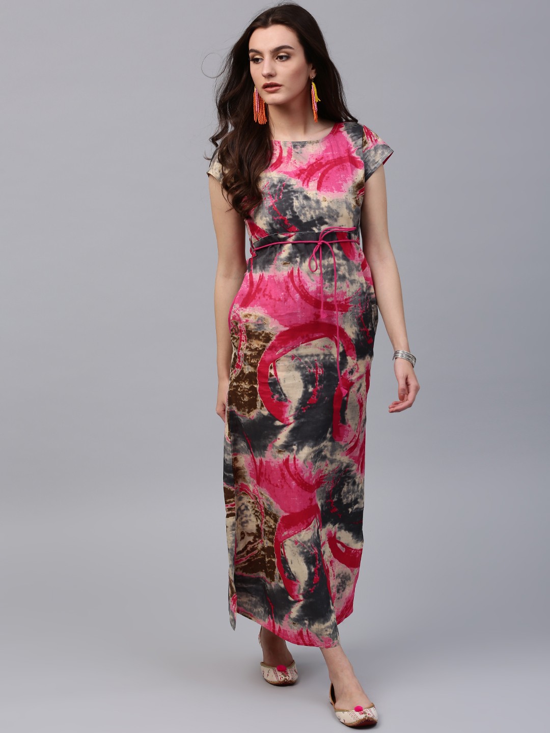 

AKS Women Pink & Charcoal Grey Printed Maxi Dress