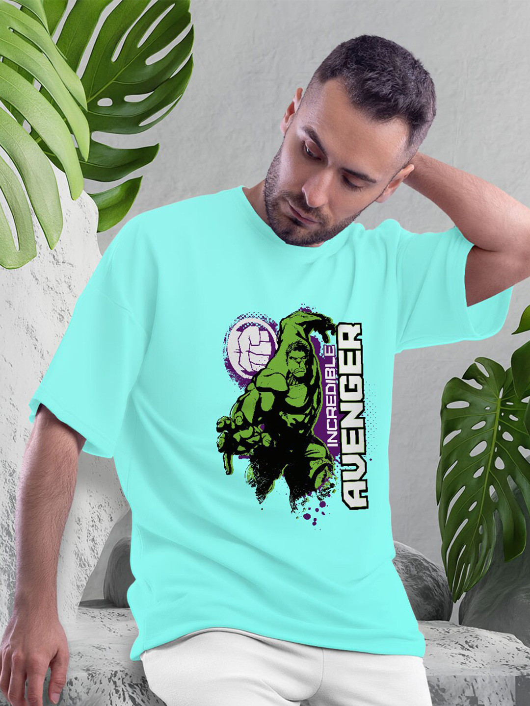 

macmerise Hulk Graphic Printed Drop-Shoulder Sleeve Bio Finish Oversize Fit Cotton T-shirt, Sea green
