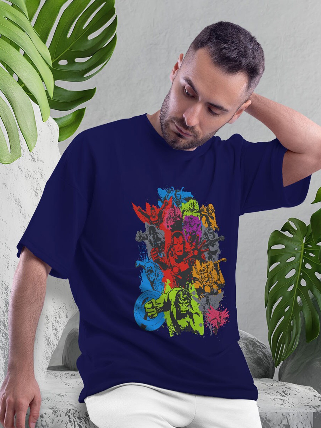 

macmerise Bio Finish Avengers Graphic Printed Drop Shoulder Sleeves Cotton Oversize T-shirt, Navy blue