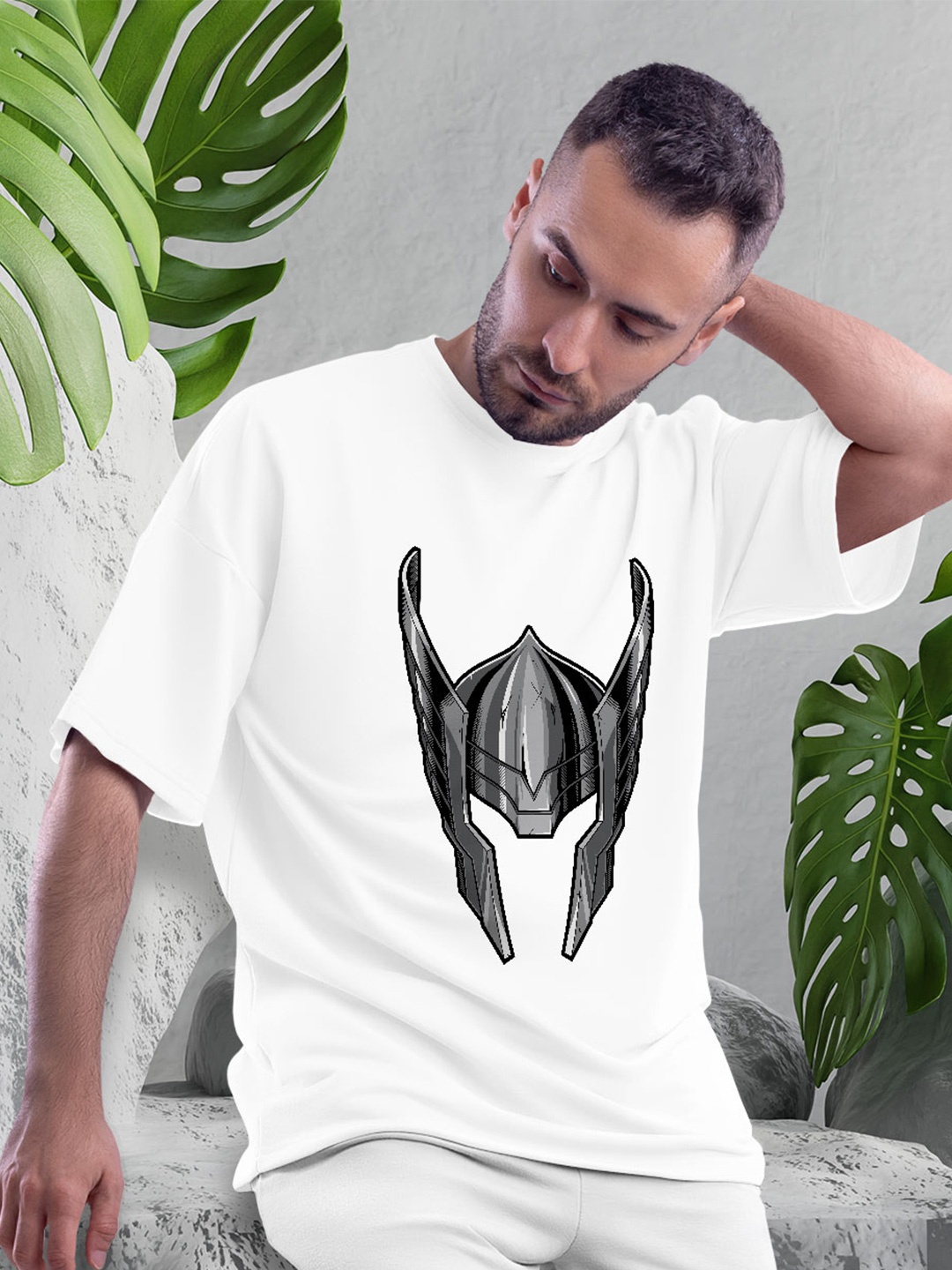 

macmerise Thor Helmet Printed Drop-Shoulder Sleeves Bio Finish Cotton Oversize T-Shirt, White