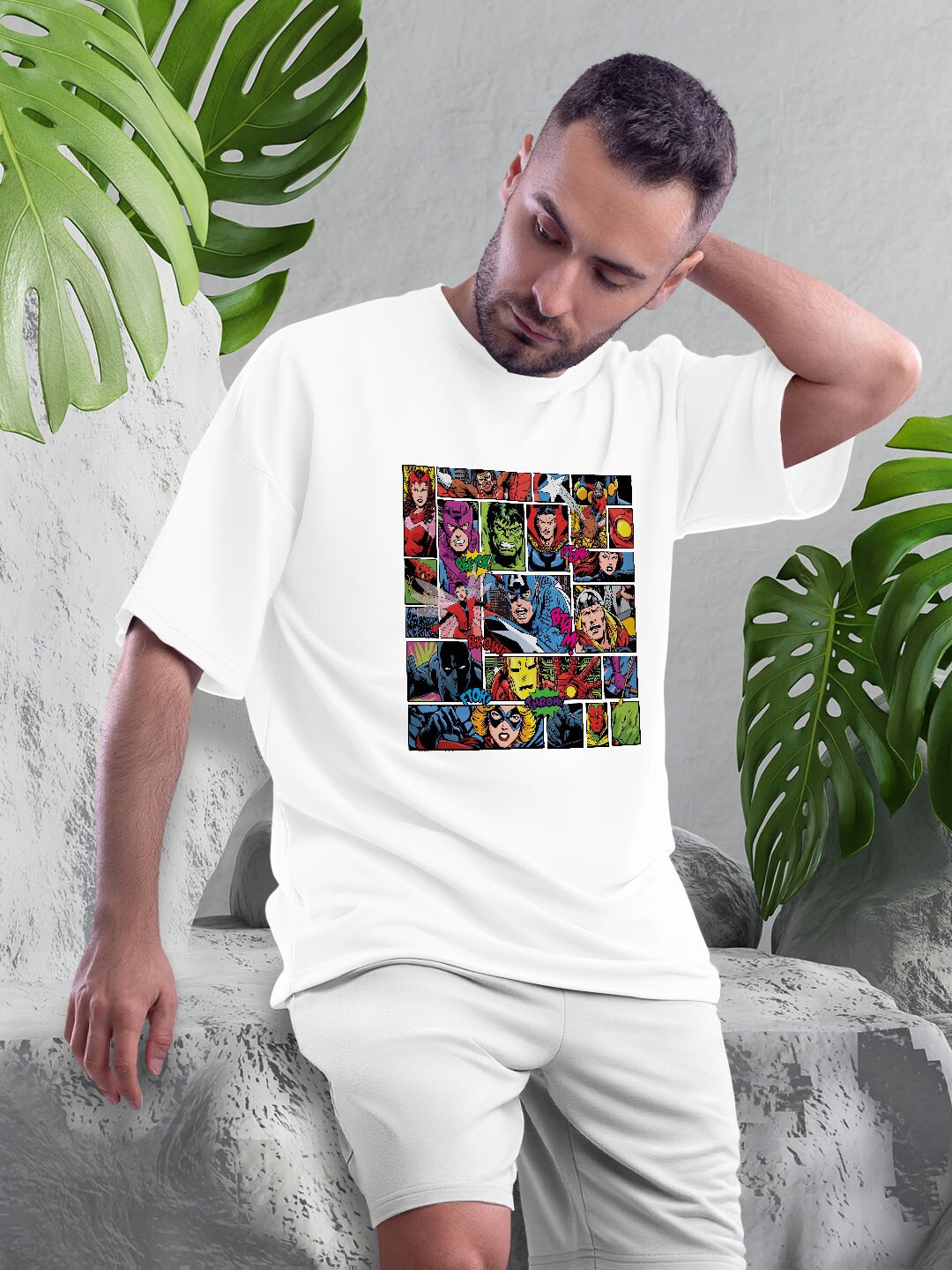 

macmerise Avengers Printed Drop-Shoulder Sleeves Bio Finish Oversize Fit Pure Cotton T-shirt, White