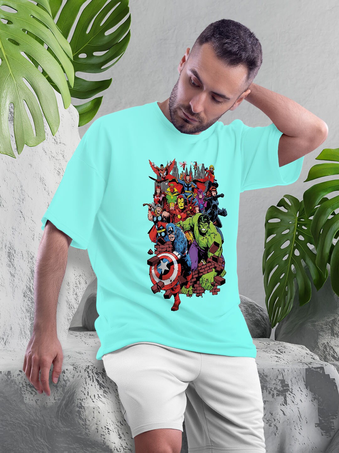 

macmerise Avengers Printed Drop-Shoulder Sleeves Bio Finish Oversize Fit Pure Cotton T-shirt, Sea green