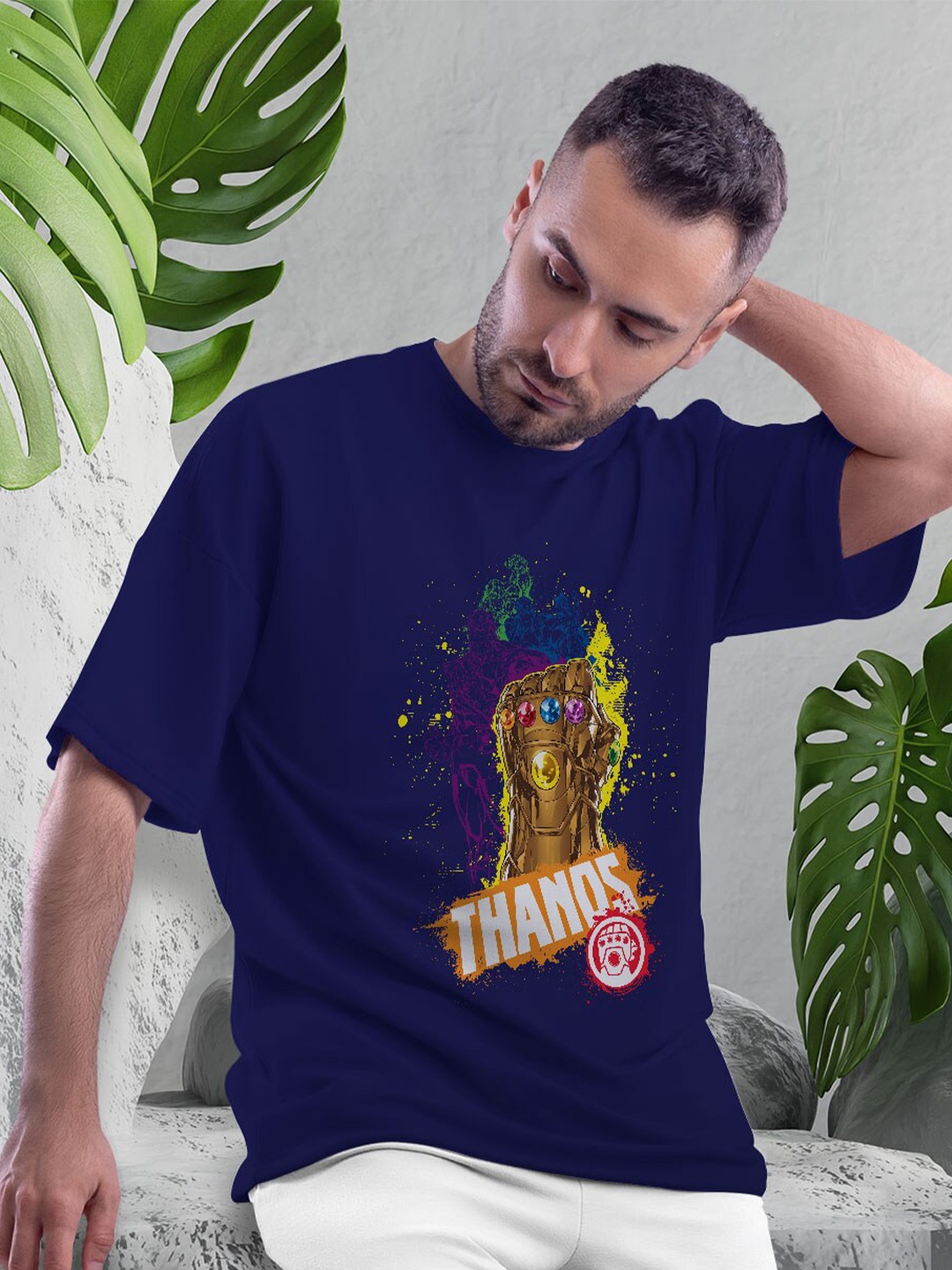 

macmerise Thanos Graphic Printed Bio Finish Oversize Cotton T-shirt, Navy blue