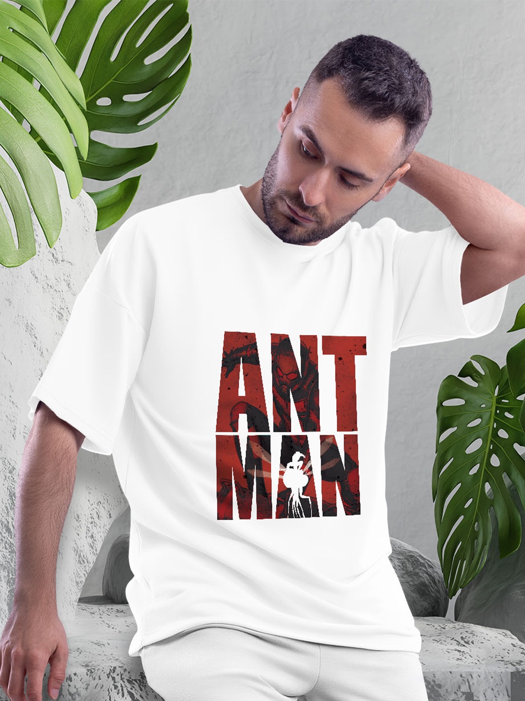 

macmerise Ant Man Printed Drop-Shoulder Sleeves Bio Finish Oversize Fit Pure Cotton T-shirt, White