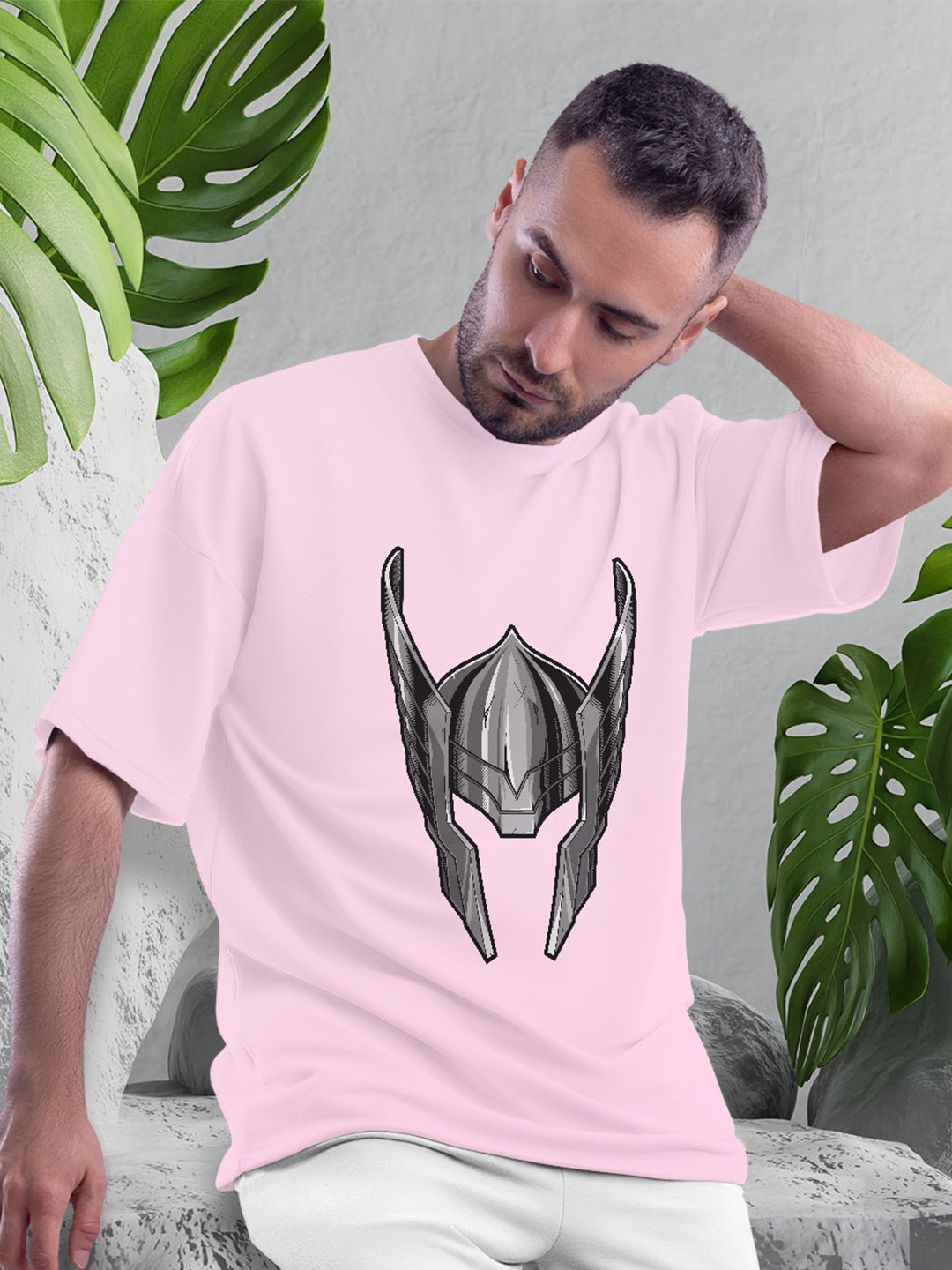 

macmerise Thor Helmet Printed Drop-Shoulder Sleeves Bio Finish Oversize Cotton T-shirt, Pink