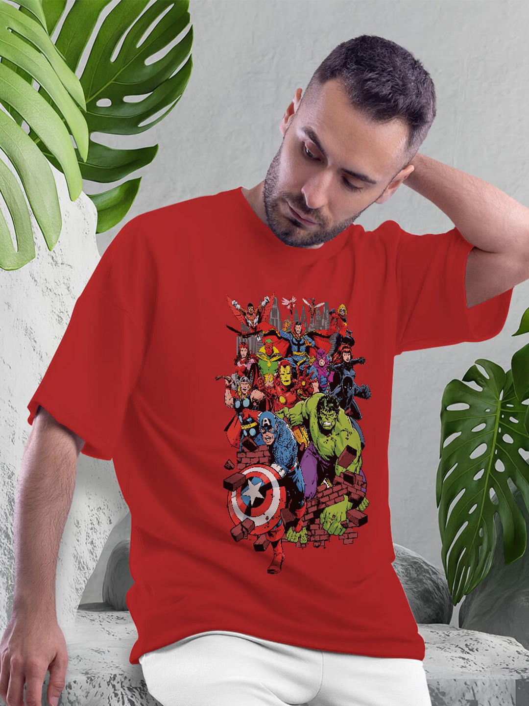 

macmerise Bio Finish Avengers Graphic Printed Drop Shoulder Sleeves Cotton Oversize T-shirt, Red