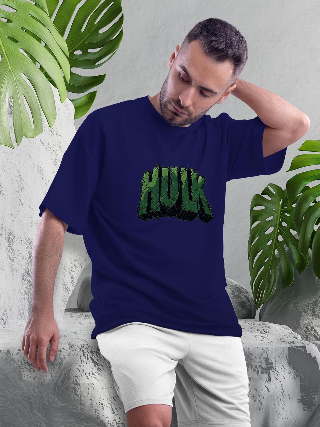 

macmerise Hulk Typography Printed Drop-Shoulder Sleeves Bio Finish Cotton T-shirt, Navy blue