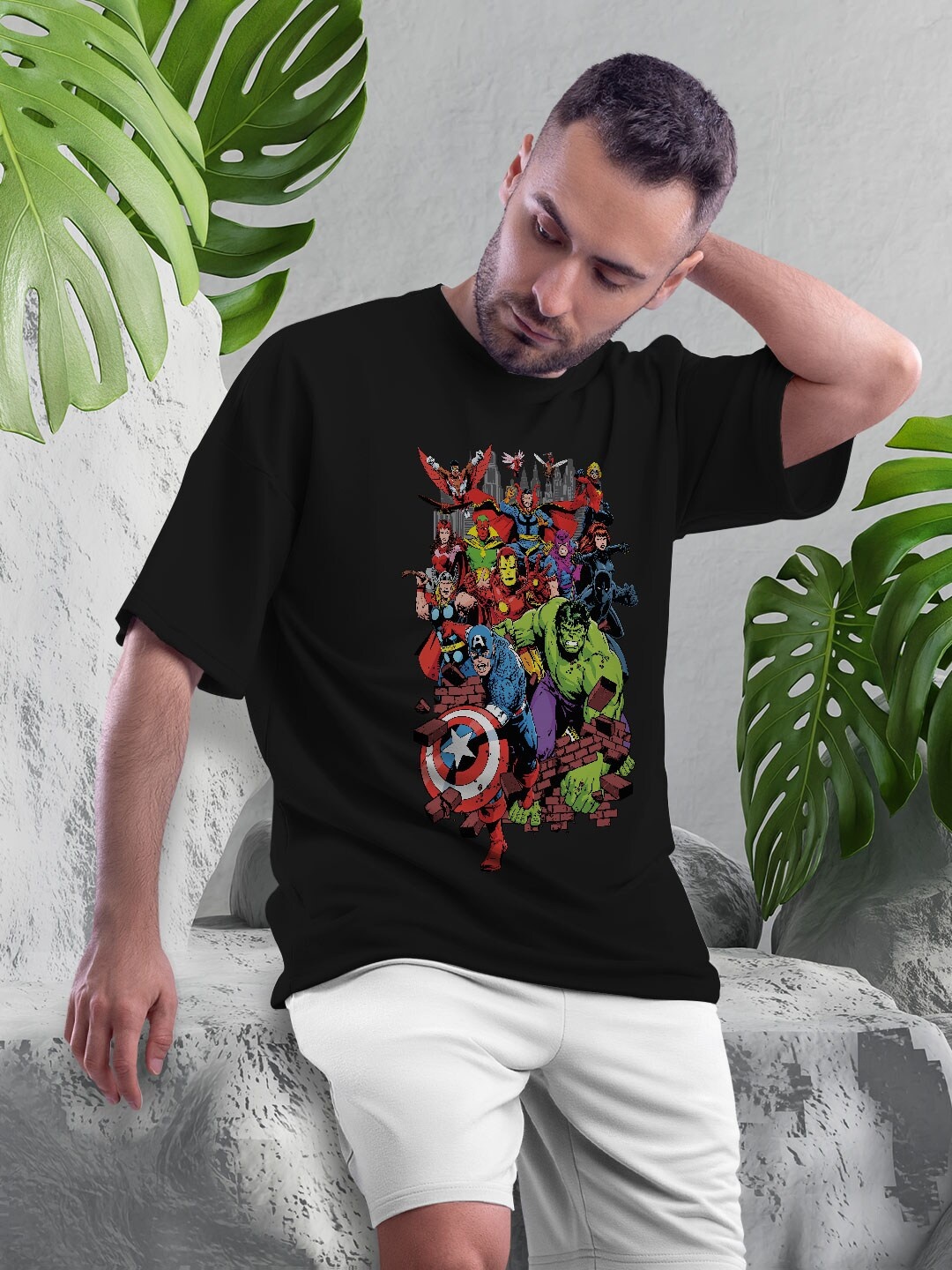 

macmerise Marvel Comic Printed Bio Finish Cotton Oversize T-Shirt, Black