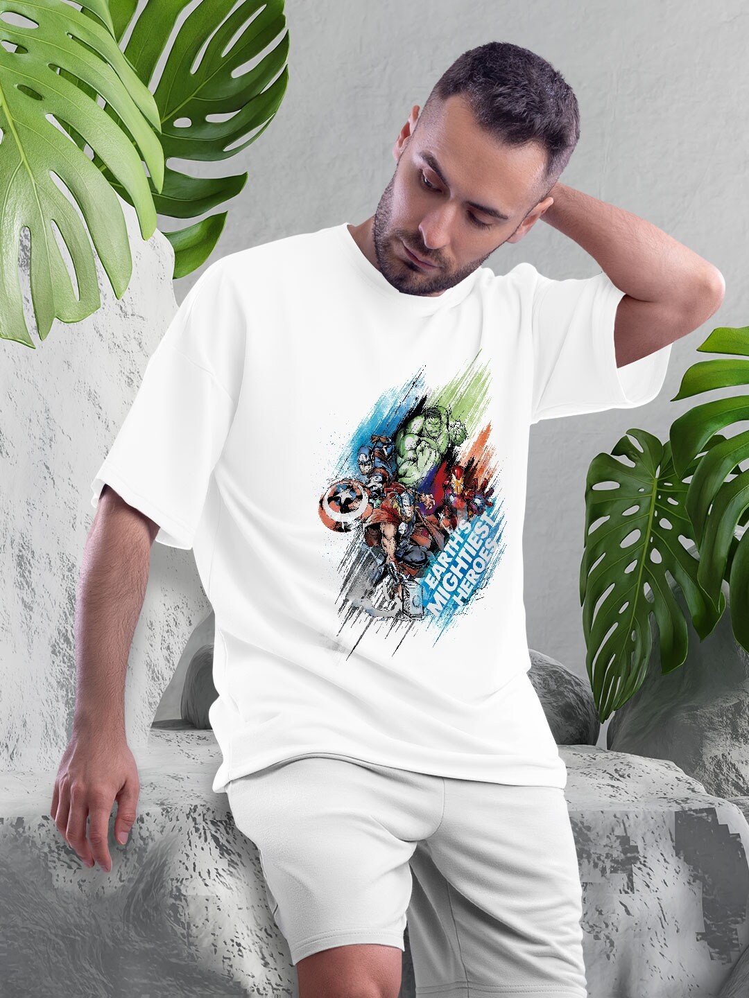 

macmerise Avengers Printed Drop Shoulder Bio Finish Oversize Cotton T-shirt, White