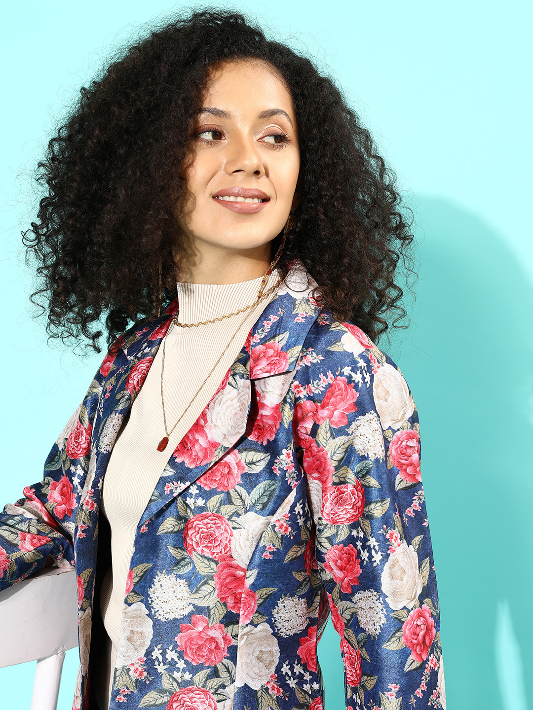 

Ahalyaa Blue & Pink Floral Print Open Front Blazer, Navy blue