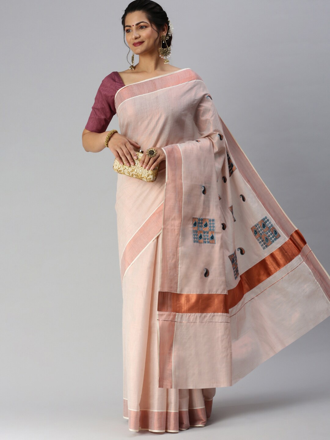 

Ramraj Ethnic Motifs Embroidered Zari Kerala Saree, Copper