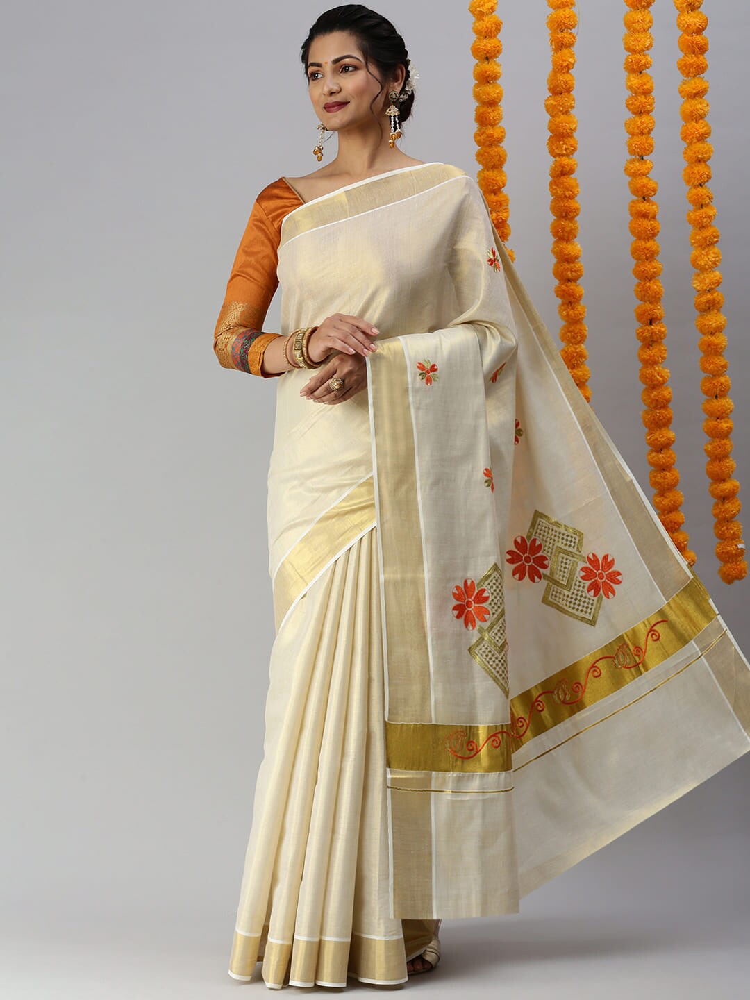 

Ramraj Floral Embroidered Zari Kerala Saree, Cream