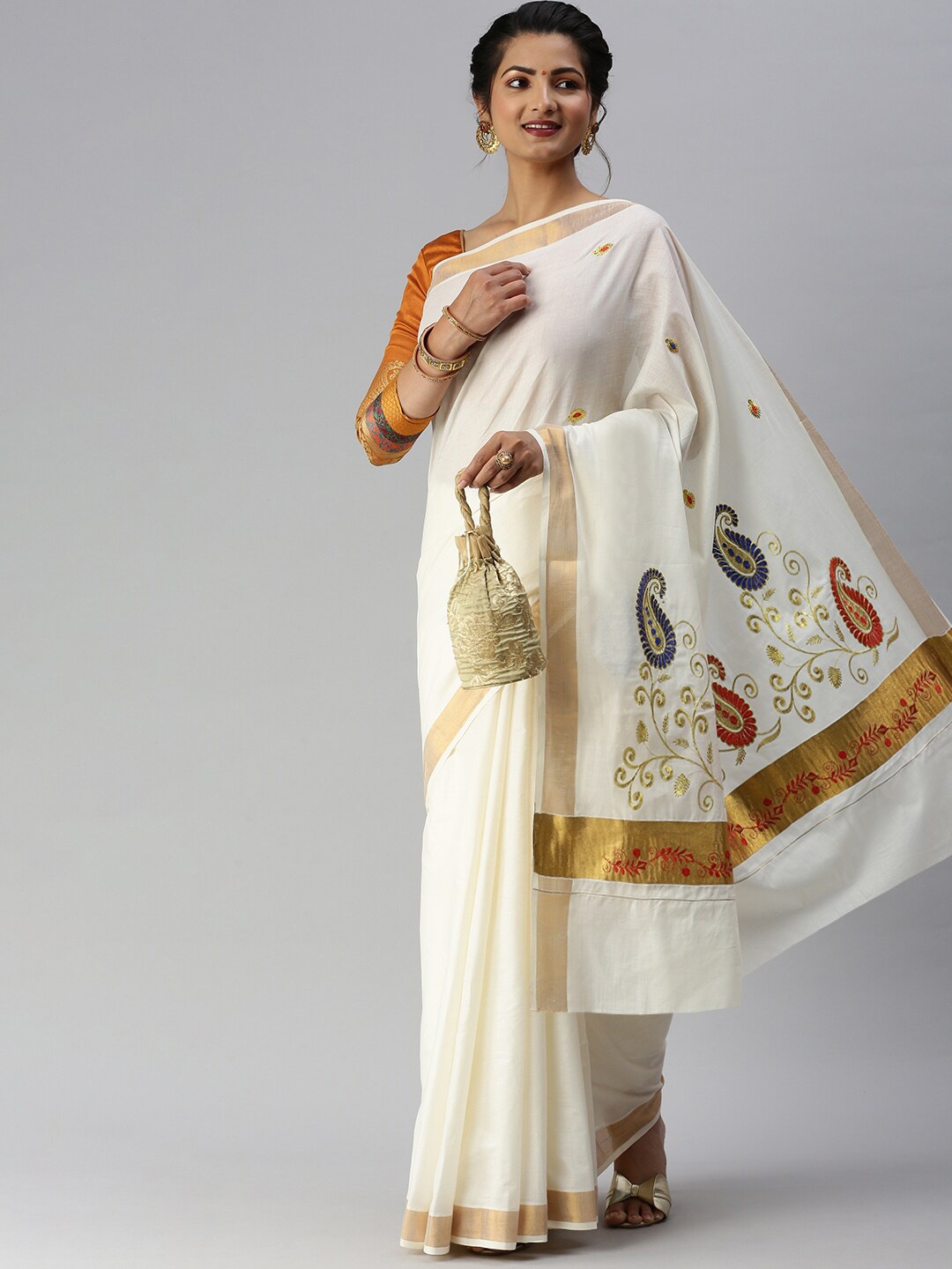 

Ramraj Ethnic Motifs Embroidered Zari Kerala Saree, Cream