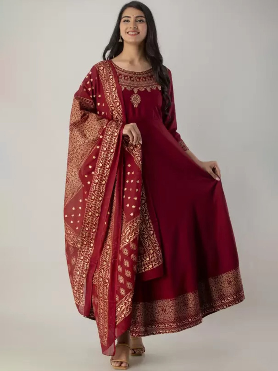

SkyaSia Printed Flared A-Line Ethnic Dress, Maroon