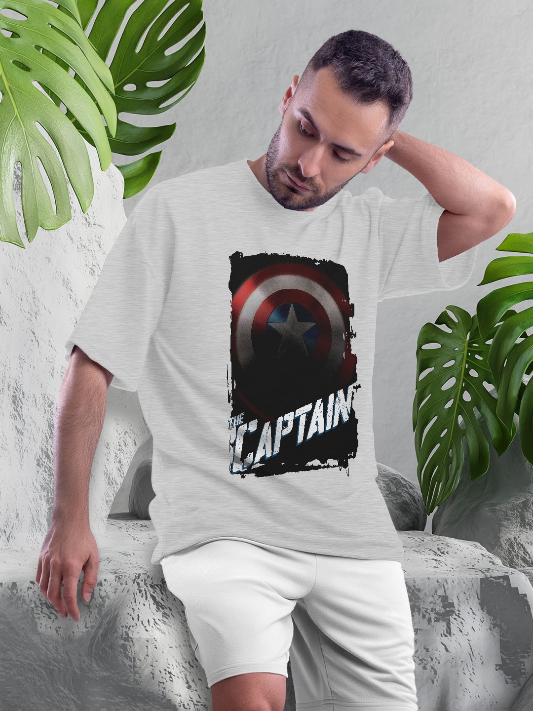 

macmerise Captain America Printed Drop-Shoulder Sleeves Bio Finish Oversize T-shirt, Grey