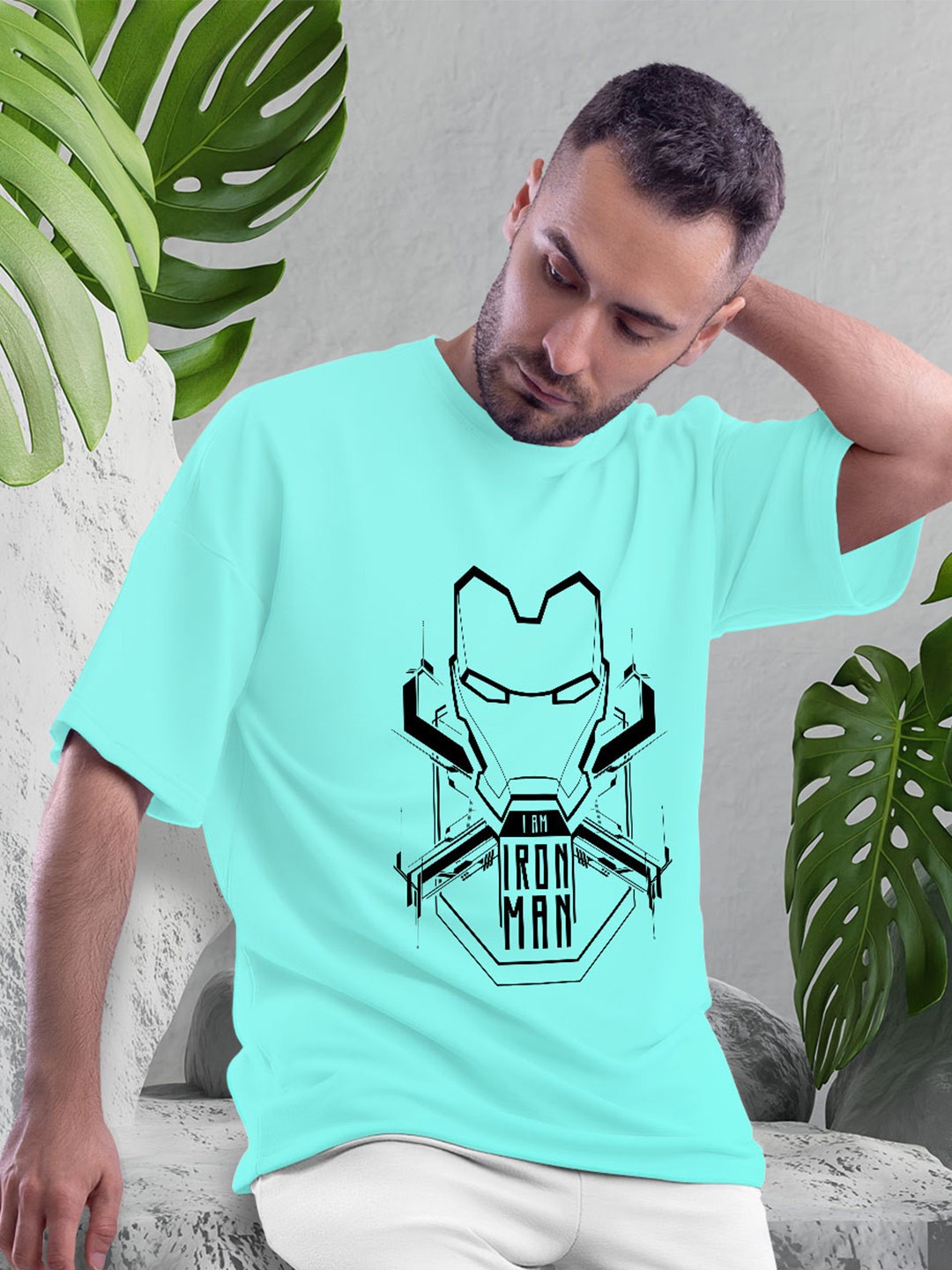 

macmerise Iron Man Printed Drop Shoulder Sleeves Bio Finish Cotton Oversize Fit T-shirt, Sea green