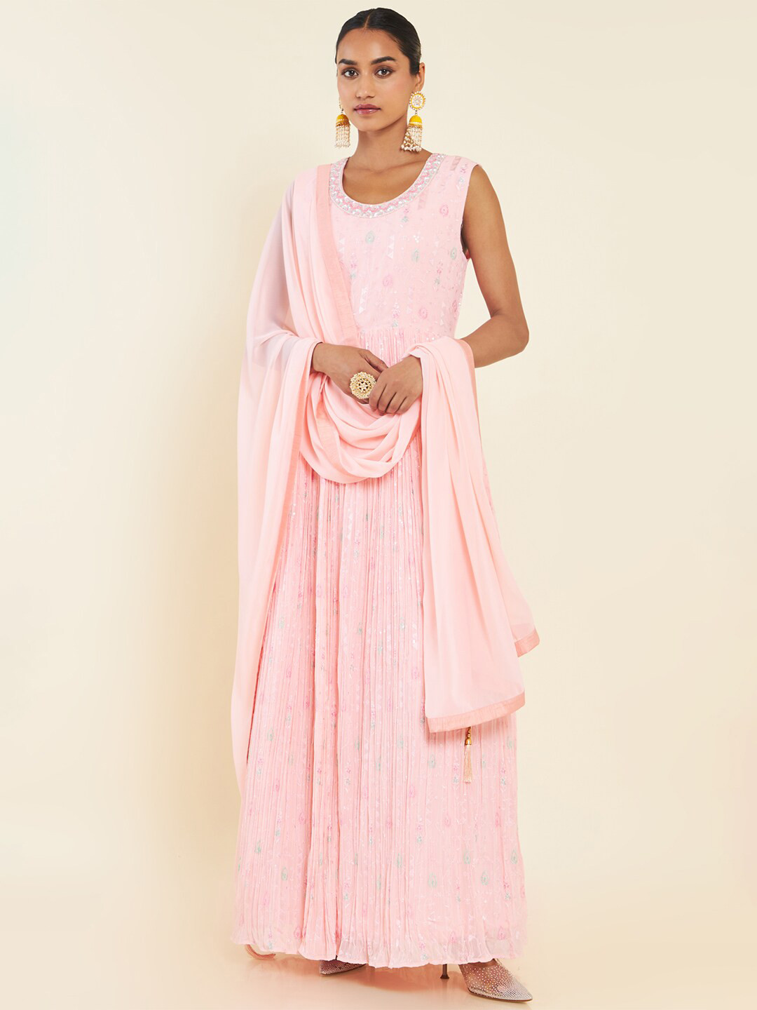 

Soch Floral Embroidered Sequined Anarkali Kurta With Churidar & Dupatta, Peach