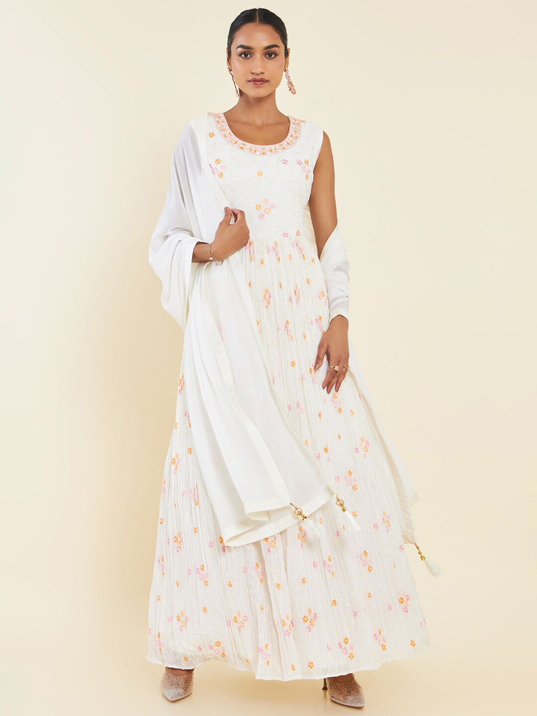 

Soch Off Floral Embroidered Georgette Anarkali Kurta With Leggings And Dupatta, Off white