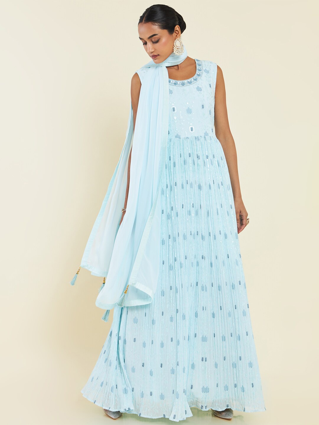 

Soch Floral Embroidered Sequined Anarkali Kurta With Churidar & Dupatta, Blue