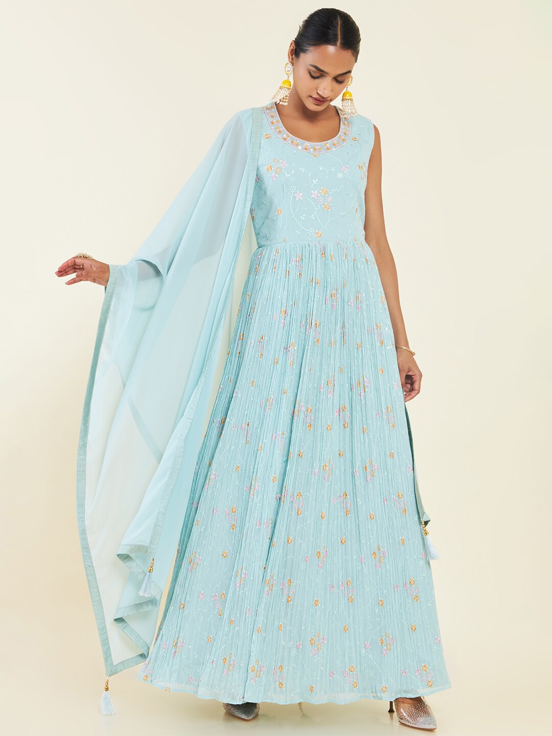 

Soch Floral Embroidered Sequined Anarkali Kurta With Churidar & Dupatta, Blue