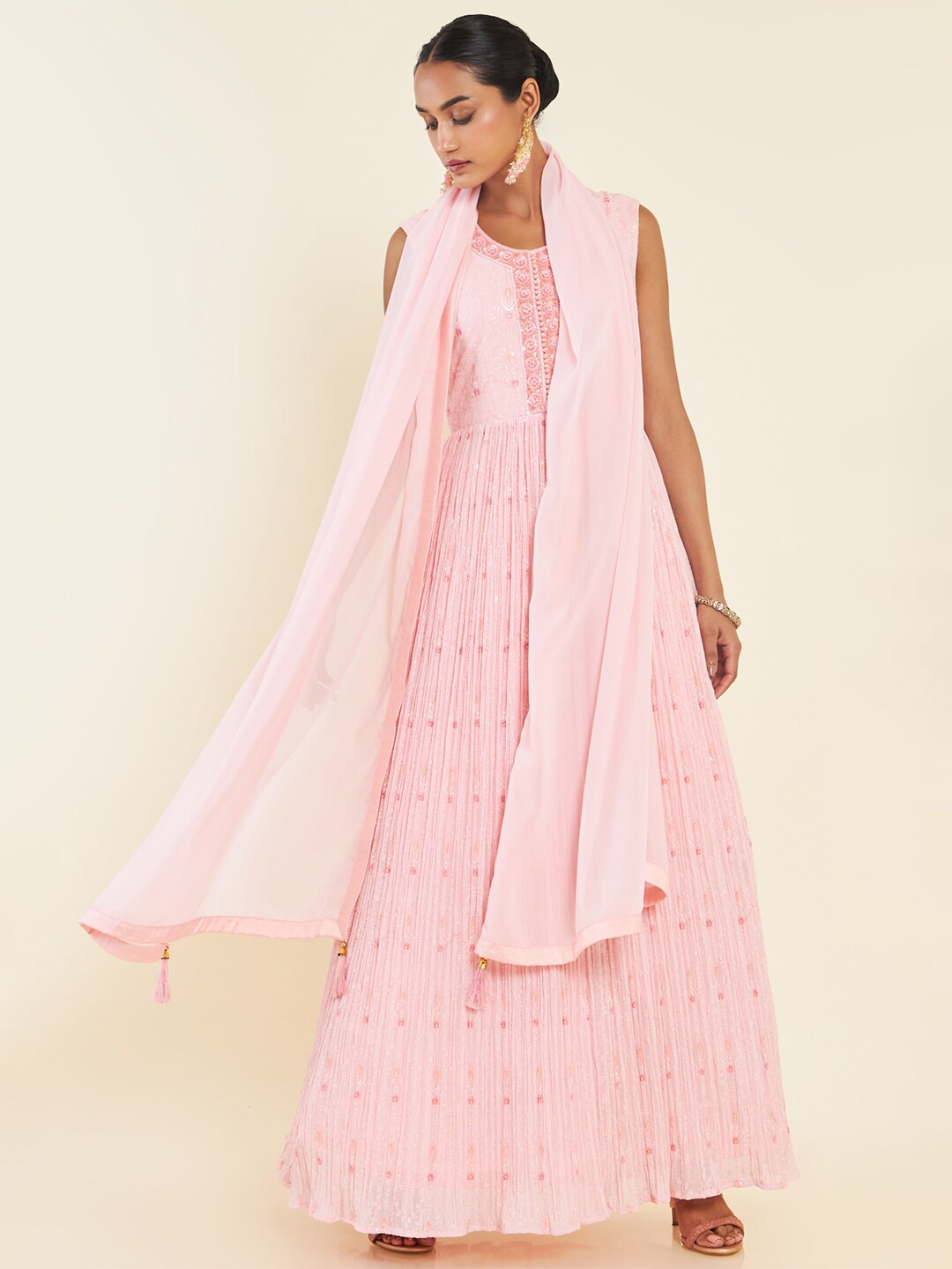 

Soch Floral Embroidered Sequined Anarkali Kurta With Churidar & Dupatta, Pink