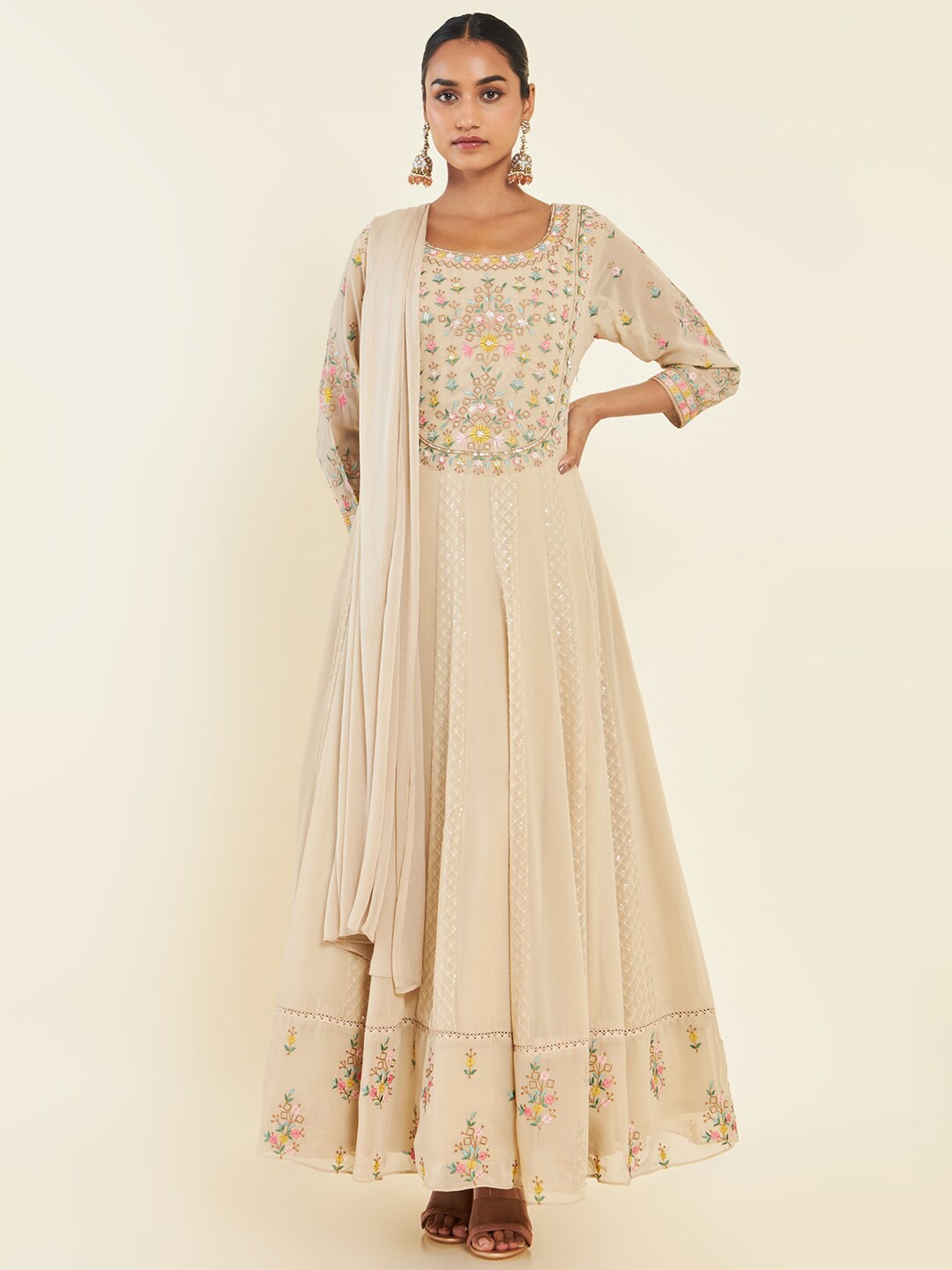 

Soch Beige Floral Embroidered Georgette Anarkali Kurta And Churidar With Dupatta