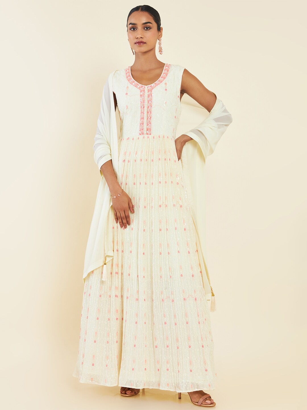 

Soch Floral Embroidered Sequined Anarkali With Churidar & Dupatta, Cream