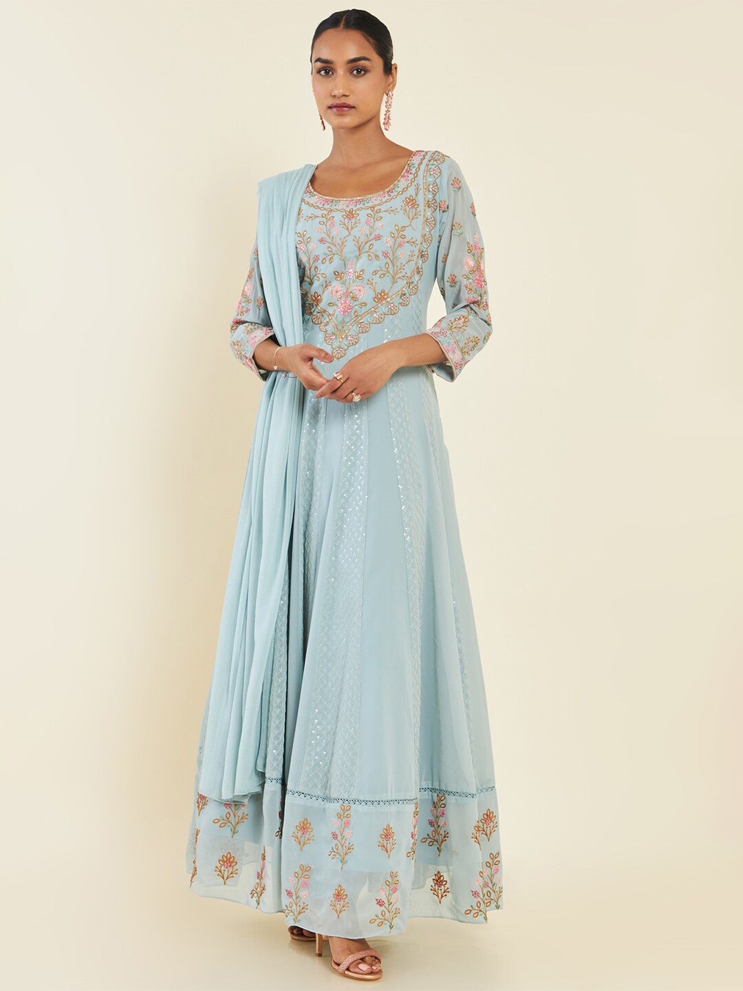 

Soch Floral Embroidered Sequined Anarkali Kurta With Churidar & Dupatta, Blue