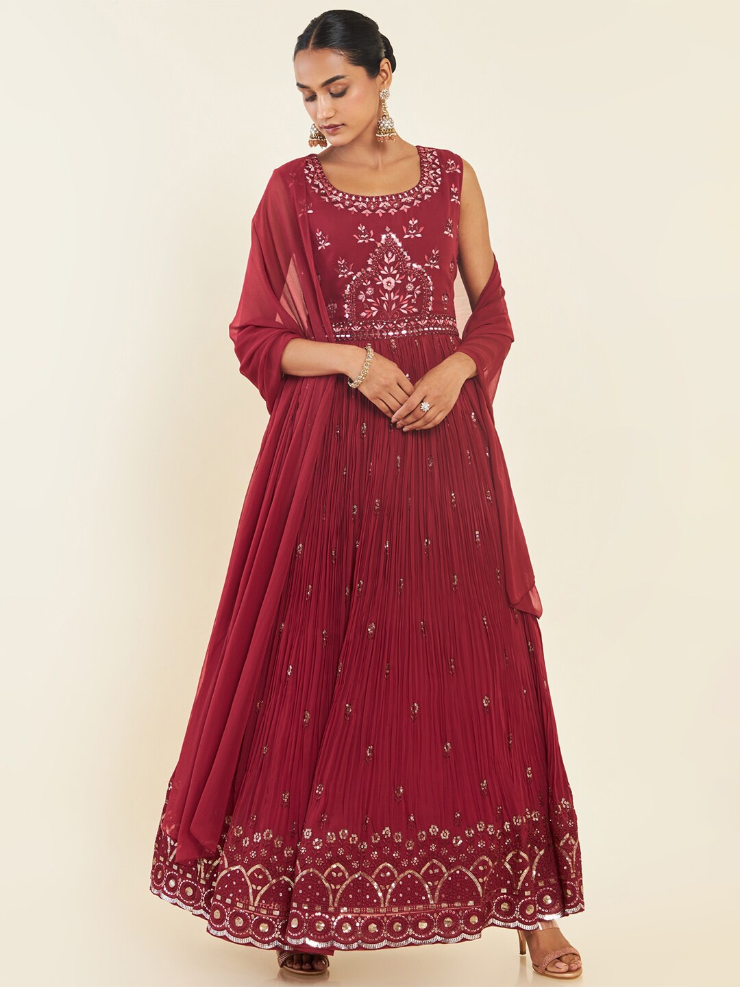 

Soch Ethnic Motif Embroidered Mirror Work Anarkali With Churidar & Dupatta, Maroon