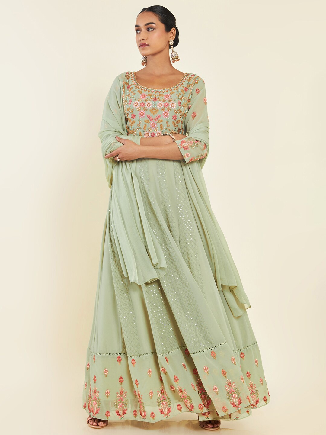 

Soch Floral Embroidered Mirror Work Anarkali With Churidar & Dupatta, Sea green