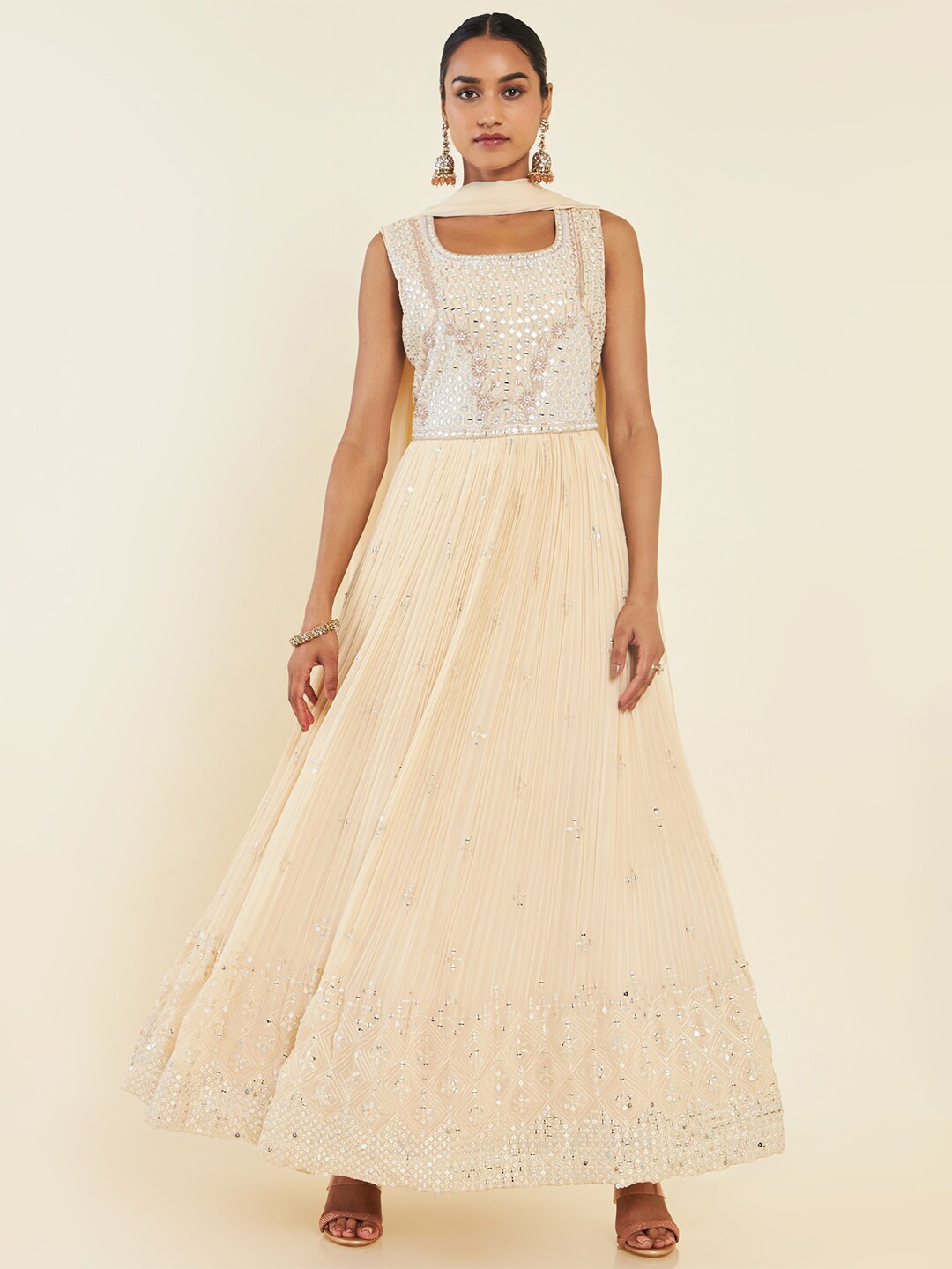 

Soch Ethnic Motif Embroidered Mirror Work Anarkali Kurta With Churidar & Dupatta, Beige