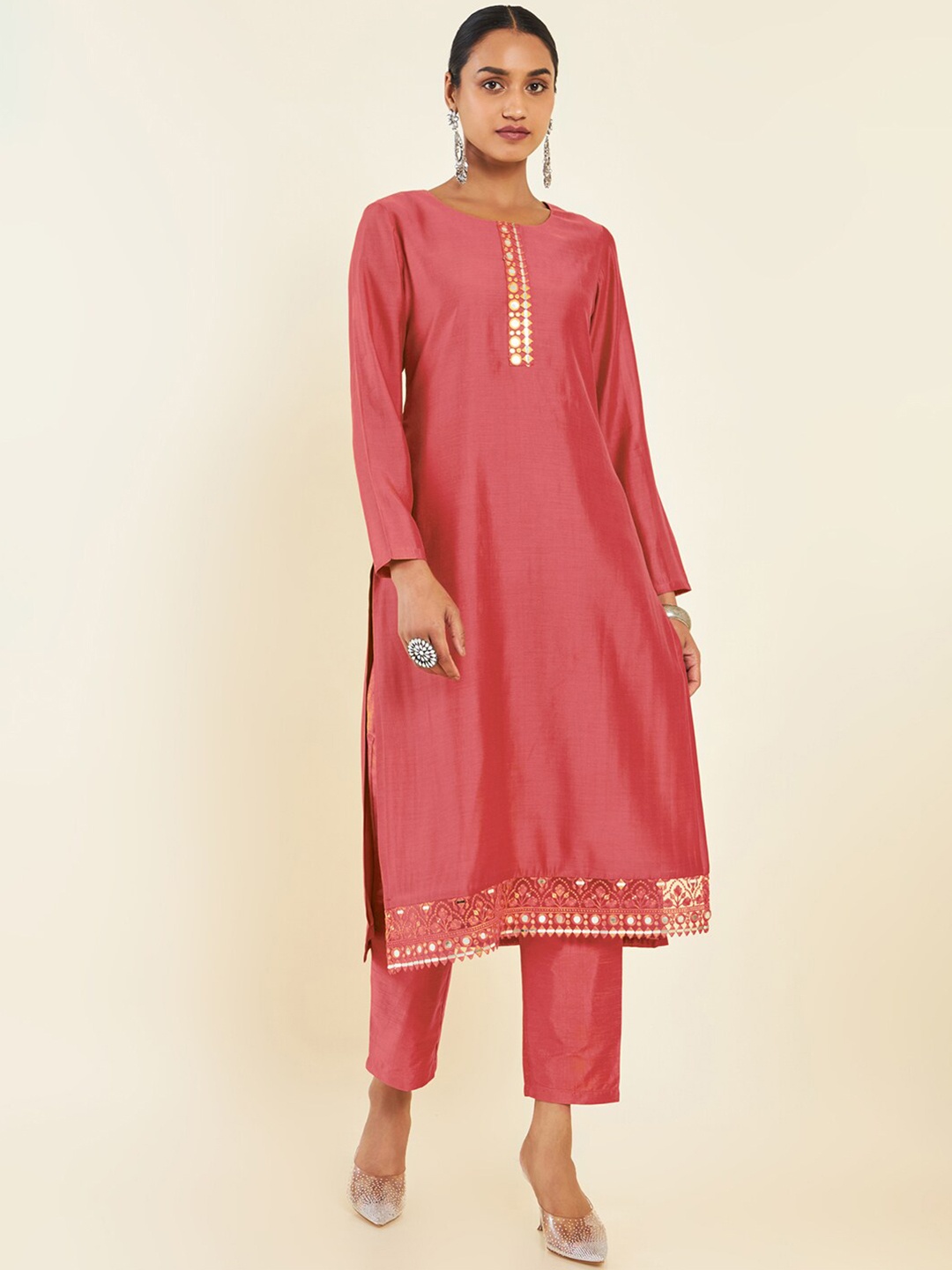

Soch Round Neck Mirror Work Chanderi Silk Kurta with Trousers, Rust