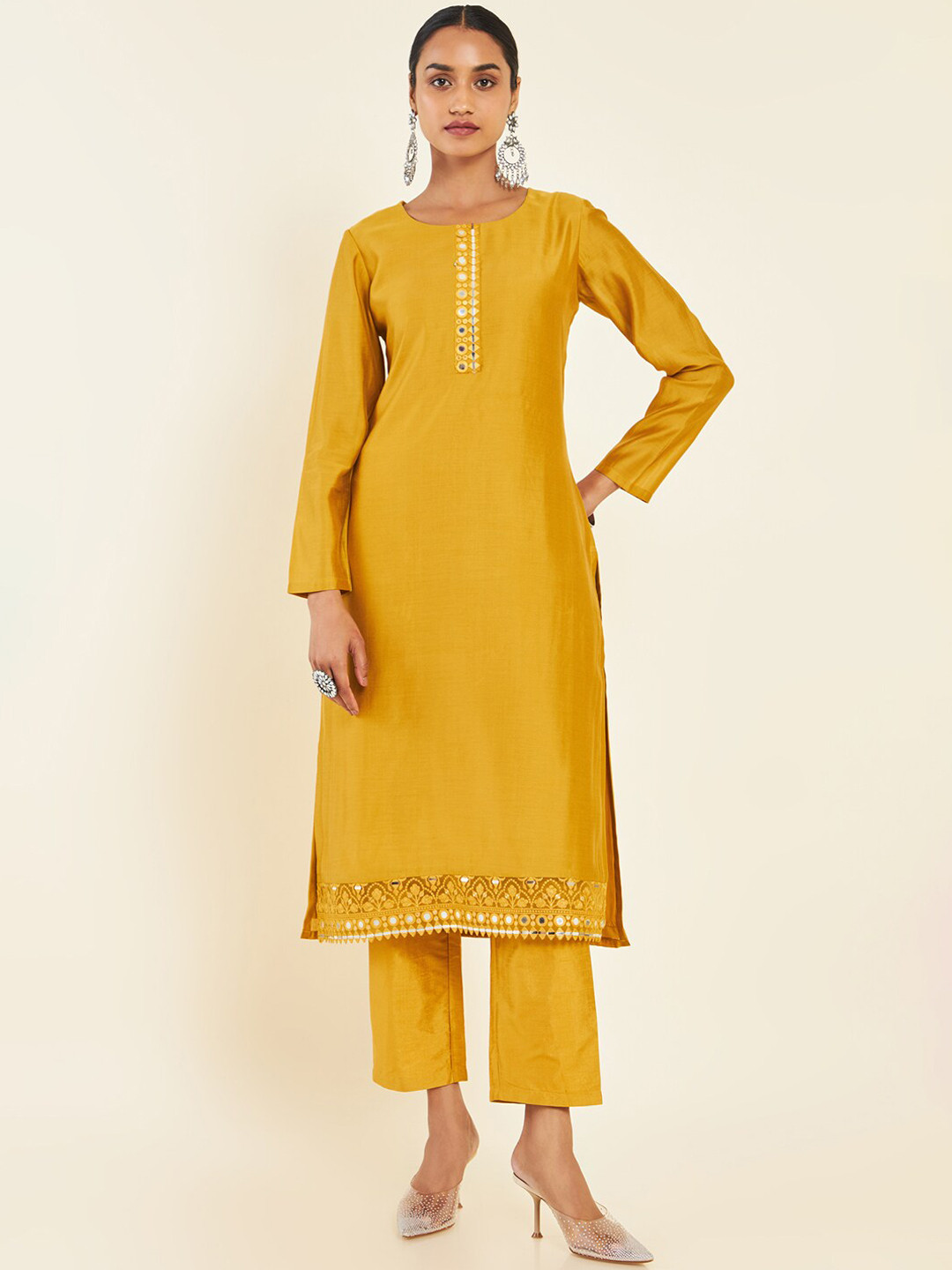 

Soch Mustard Yellow Regular Straight Chanderi Silk Kurta With Trousers