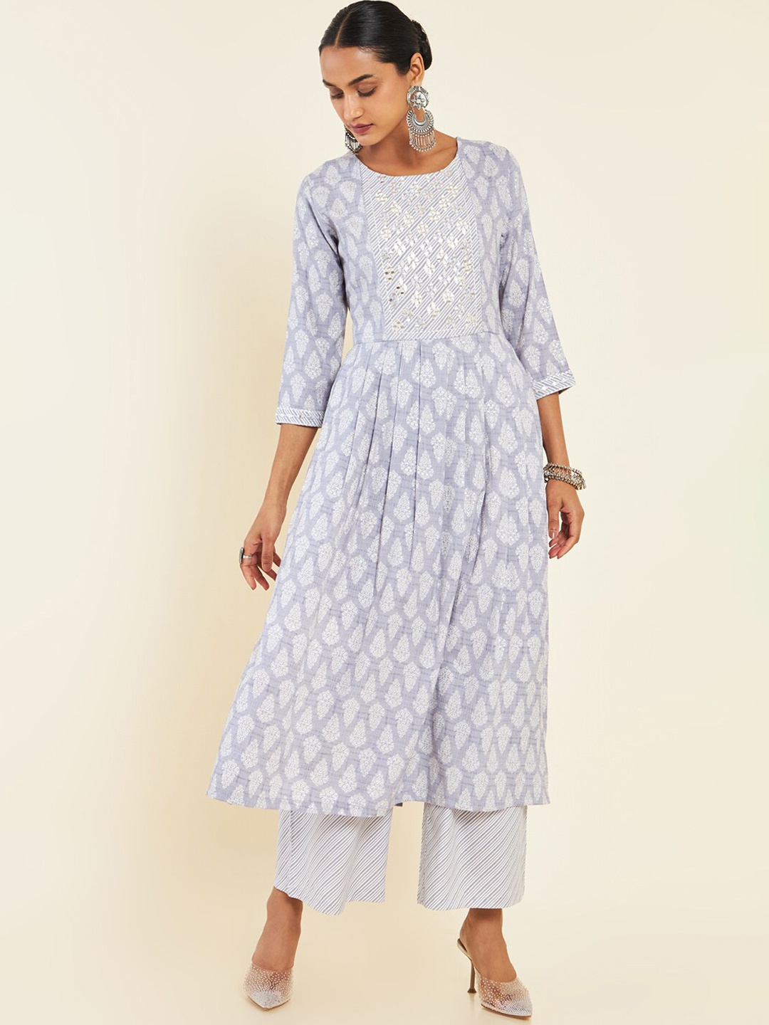 

Soch Blue & White Ethnic Motifs Printed Regular Kurta With Palazzos