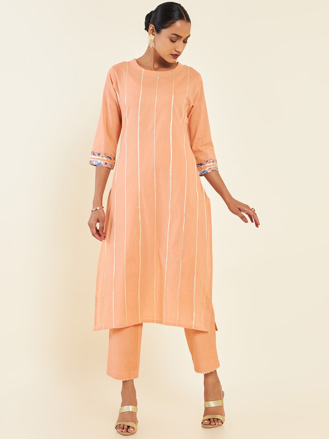 

Soch Peach Striped Regular Pure Cotton Kurta With Trousers