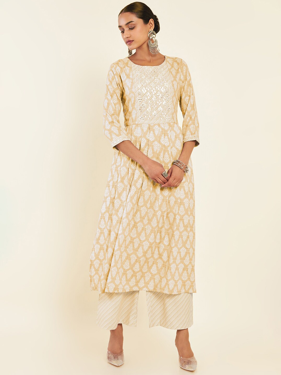 

Soch Mustard Yellow & White Ethnic Motifs Printed Regular Kurta With Palazzos