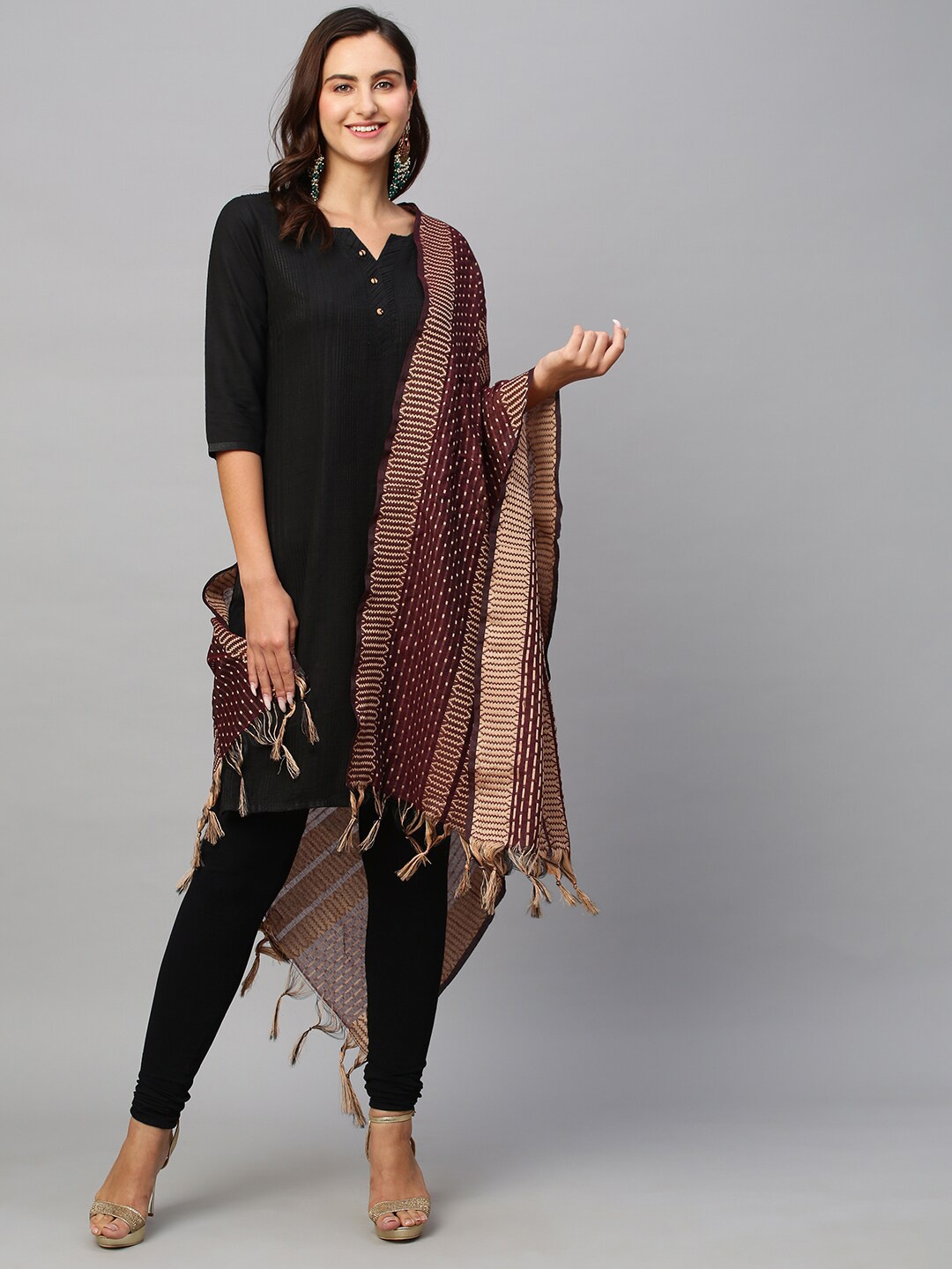 

KALINI Woven Design Thread Work Tasselled Border Chanderi Dupatta, Maroon
