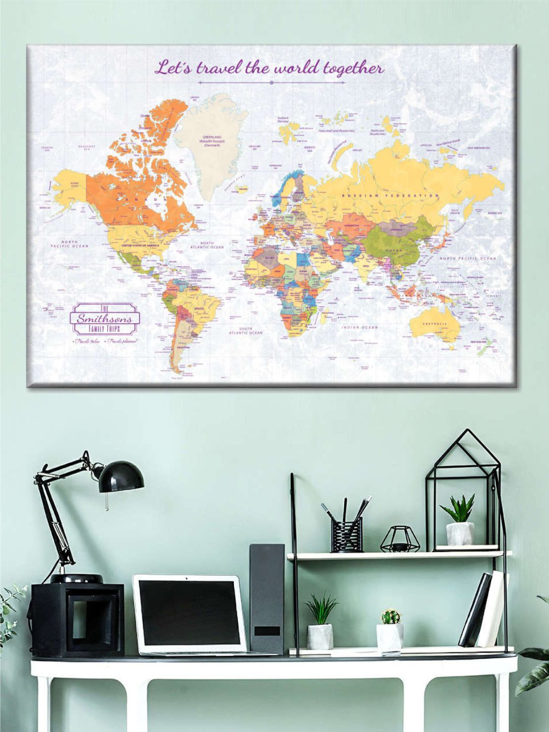 

POSTERS AND TRUSS Blue & Yellow World Map Wall Art