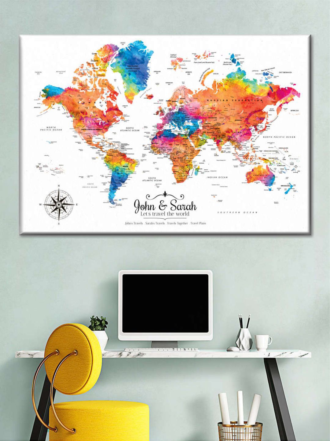 

POSTERS AND TRUSS White & Orange Colored World Map Wall Art